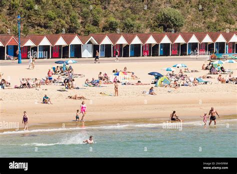 Bournemouth Uk July 08 2022 People On Sandy Beach With Row Of