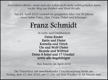 Traueranzeigen Von Franz Schmidt Trauer Nordkurier