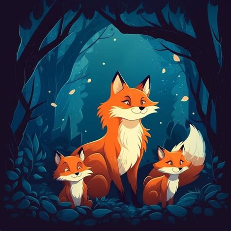 Premium Photo Illustration Of Two Foxes In A Forest At Night