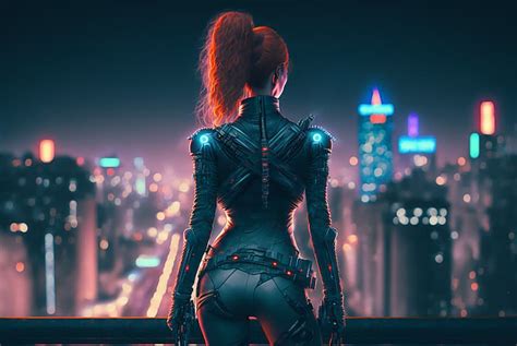 Arte Ai Cyberpunk Asesinos Ciudad Bokeh Pelirrojo Mujeres Fondo