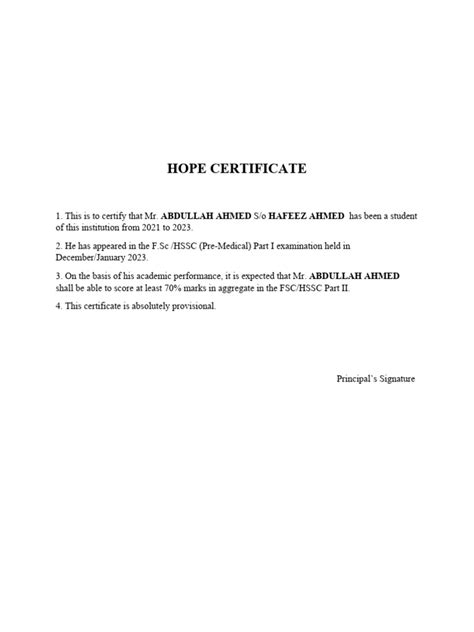 Hope Certificate Pdf