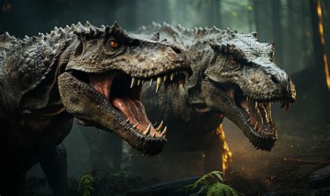 Premium Photo Two Dinosaurs Roaring In Forest