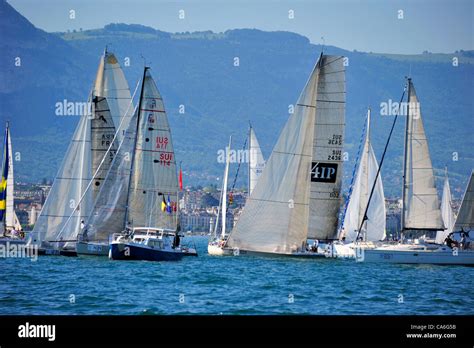 The start line of the annual Bol d'Or sailing race on Lake Geneva (Lac Leman), a few seconds ...