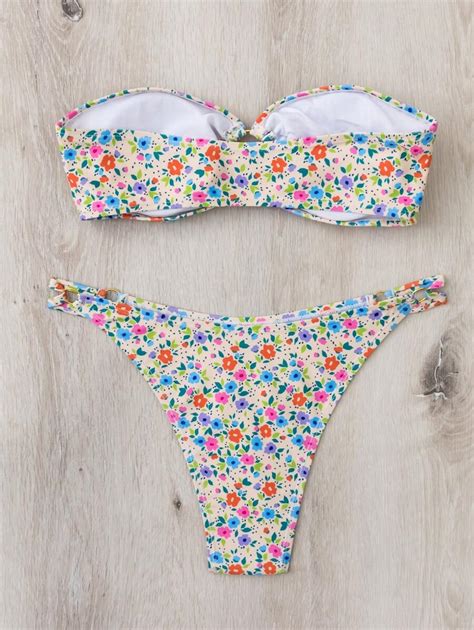 Shein Swim Summer Beach Floral Print Bikini Set With Circular Ring