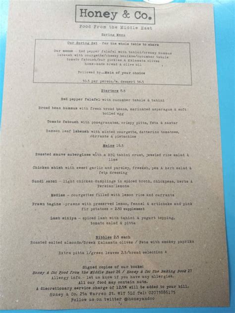 Menu at Honey & Co. Bloomsbury restaurant, London