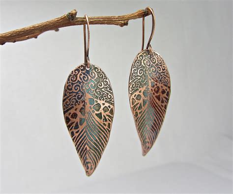 Copper Boho Dangle Earrings Handmade Feather Bohemian Copper Etsy