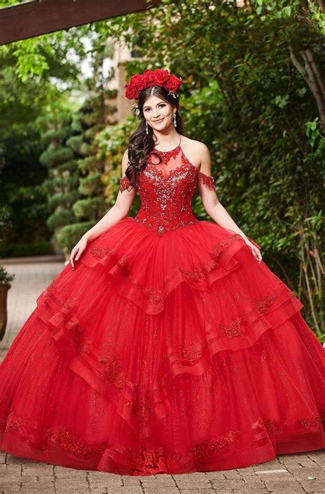 Mary S Quinceanera Dresses Mq Embroidered Halter Tulle Ballgown