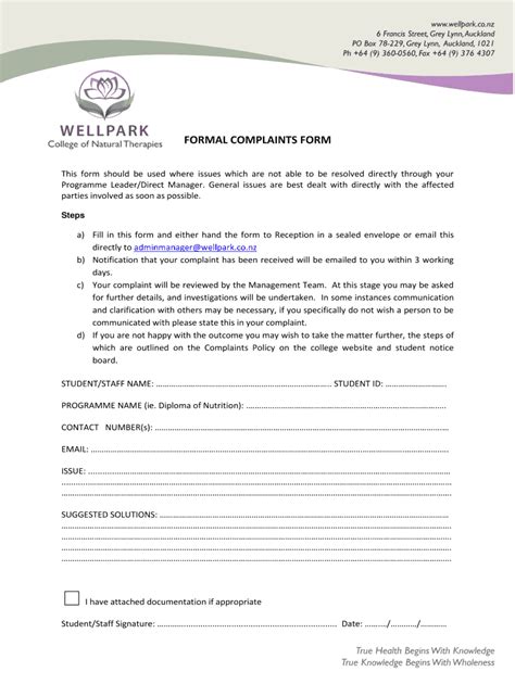 Fillable Online Wellpark Co Formal Complaints Form Wellpark Co Nz Fax