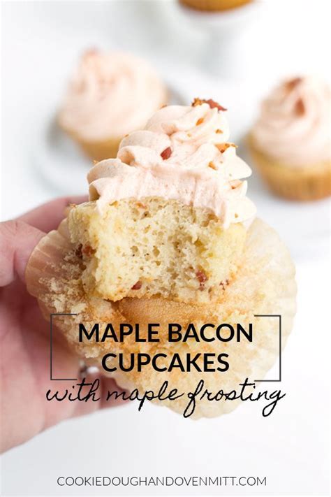 A Hand Holding A Cupcake With Frosting On It And The Words Maple Bacon