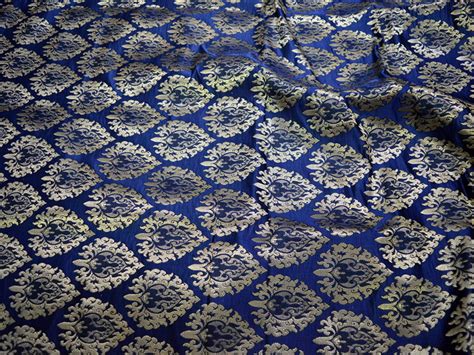 Indian Brocade Fabric By The Yard Navy Blue Banarasi Fabric Etsy