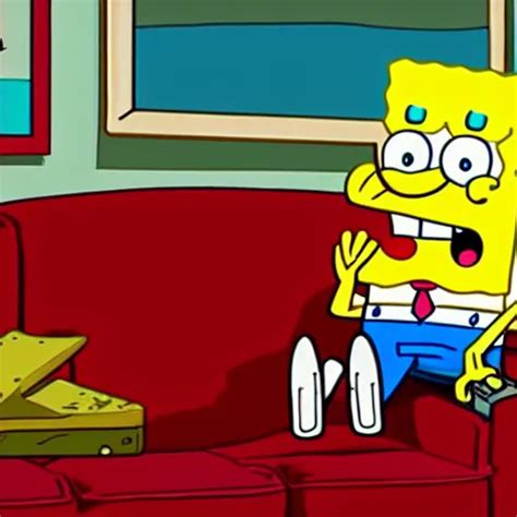 Spongebob Sitting On Couch Drinking Beer Full Hd Stable Diffusion