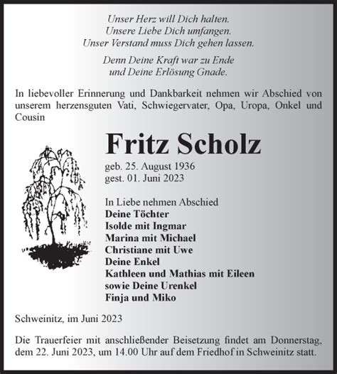 Traueranzeigen Von Fritz Scholz Abschied Nehmen De