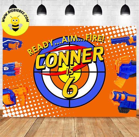 Custom Nerf Blaster Gun Ready Aim Fire Orange Theme Birthday Backdrop Bigbigbee Party Sign