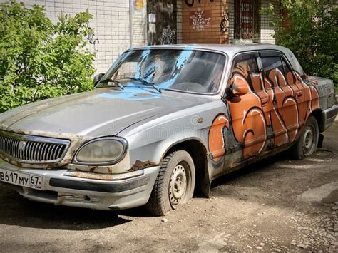 Volga GAZ 3110 Grey Vandal Graffiti Painted Editorial Photography