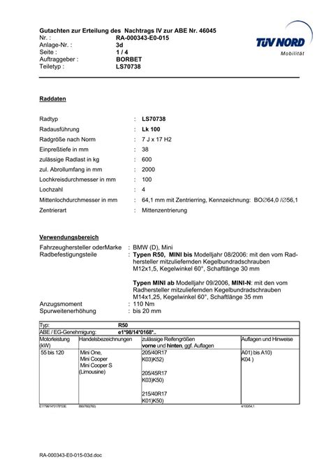 Gutachten Zur Erteilung Des Nachtrags IV Zur ABE Nr Mini2 Info