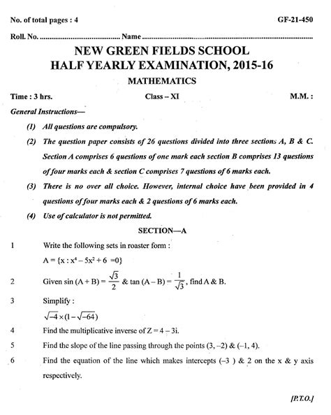 Class Xi Mathematics New Green Fields School Half Yearly Question Paper