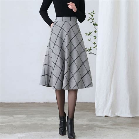 Swing Wool Plaid Skirt Midi Wool Skirt Women Wool Tartan Skirt Long