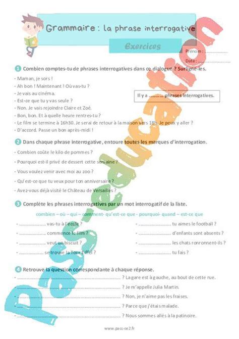 La Phrase Interrogative Exercices Grammaire Pour Le Ce Pdf