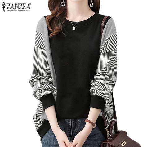 Jual Zanzea Women O Neck Long Sleeve Striped Patchwork Casual Loose