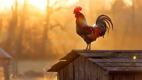 Majestic Rooster Crowing At Sunrise Rural Farm Setting A Symbol Of