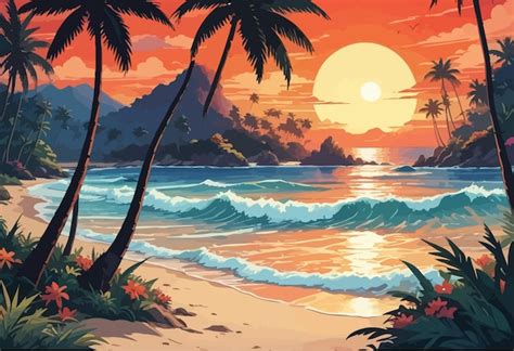 Una Pintura De Una Escena De Playa Con Palmeras Y El Sol En El Fondo