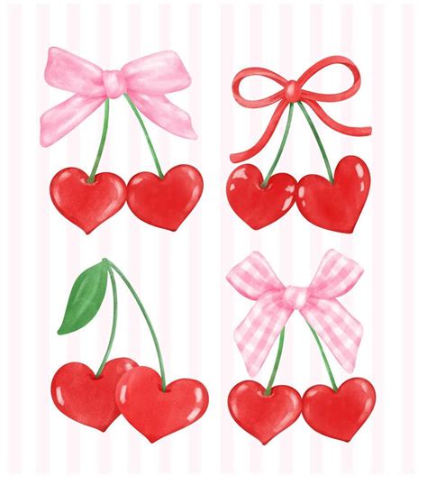 Set Of Retro Coquette Red Heart Cherries With Pink Ribbon Bow