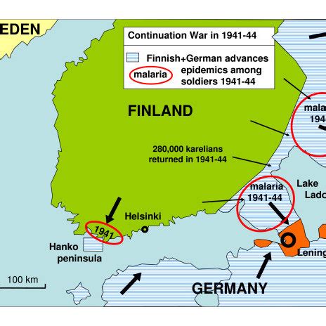 Finnish and German maximum advances during Continuation War in 1941–44 ...