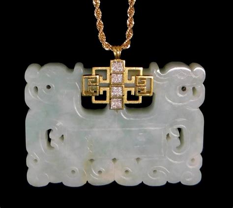 Lot Jewelry 14k Jade And Diamond Pendant With Gold Plated Chain