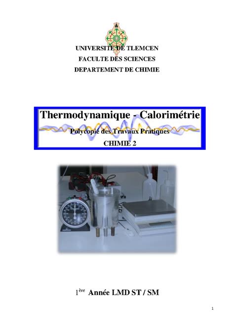 Polycopié TP S2 Summary thermodynamique UNIVERSITE DE TLEMCEN