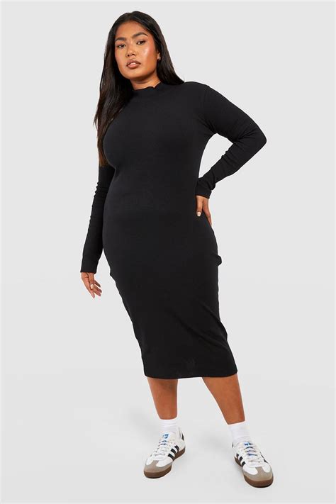 Womens Plus Rib Roll Neck Long Sleeve Midi Dress Boohoo Uk