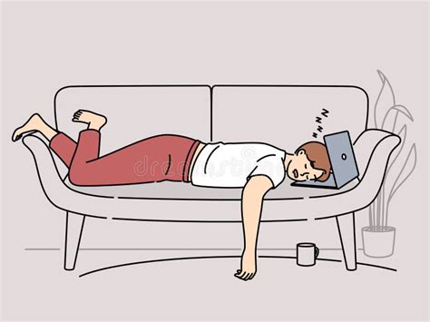 Tired Man Fall Asleep On Sofa With Laptop Stock Vector Illustration