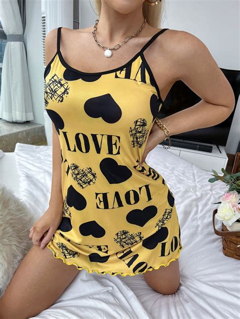 Heart Letter Graphic Lettuce Trim Contrast Binding Cami Night Dress