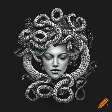 Mythological Depiction Of Medusa With Closed Eyes And Swirling Snakes