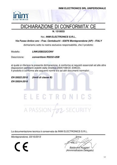 LINKUSB232CONV Dichiarazione di Conformità CE