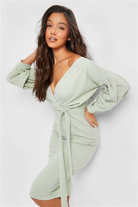 Womens Off The Shoulder Wrap Midi Bodycon Dress Boohoo Uk