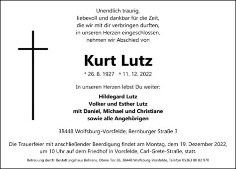 Traueranzeigen Von Kurt Lutz Trauer Anzeigen De