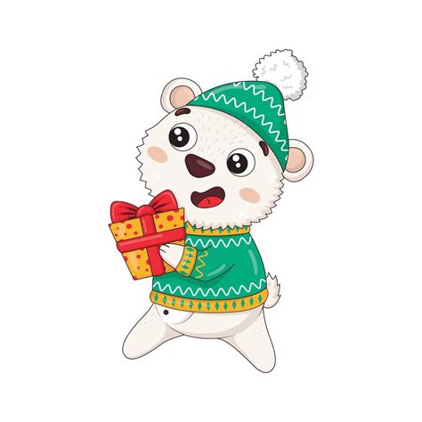 Cute Polar Bear In A Winter Knitted Sweater And Hat Carries A Christmas