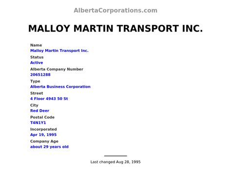 Malloy Martin Transport Inc Red Deer Alberta Corporations