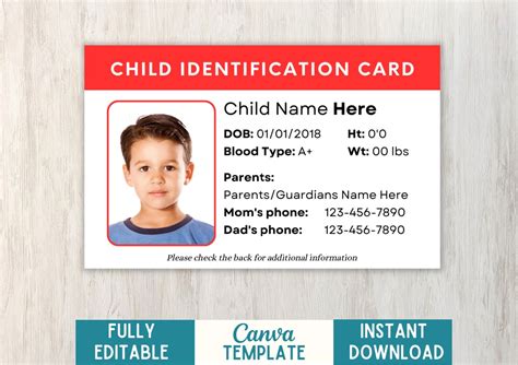 Editable Child Id Card Template Custom Kid Id Card Template Etsy