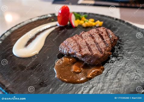 Delicious Medium Rare Wagyu Beef Steak With Gravy Sauce Stock Image