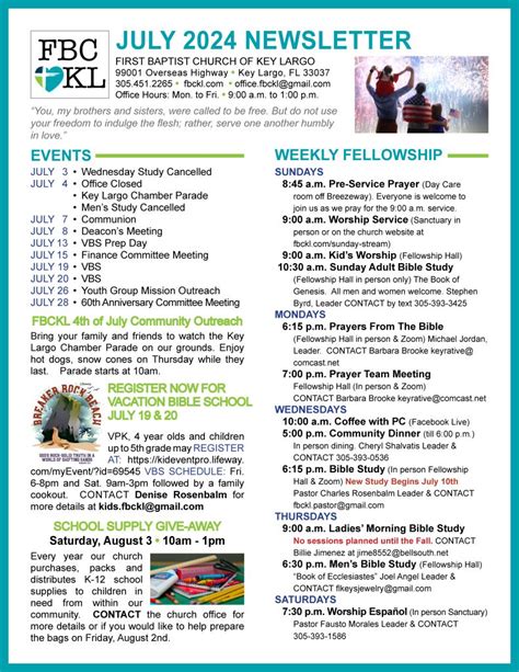 July Newsletter First Baptist Church Of Key Largo FL