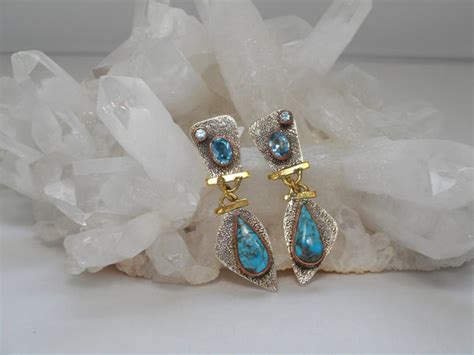 Copper Turquoise Blue And Sterling Earring Set With Blue Topaz