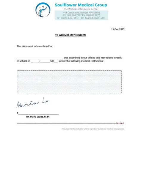 Printable Fake Doctors Note With Signature