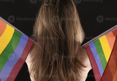 Lesbian Woman Holding Rainbow Flag Isolated On Black Background Lgbt