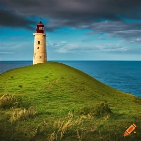 Grassy Hill Overlooking Ocean With A Gothic Lighthouse And Grey Skies On Craiyon