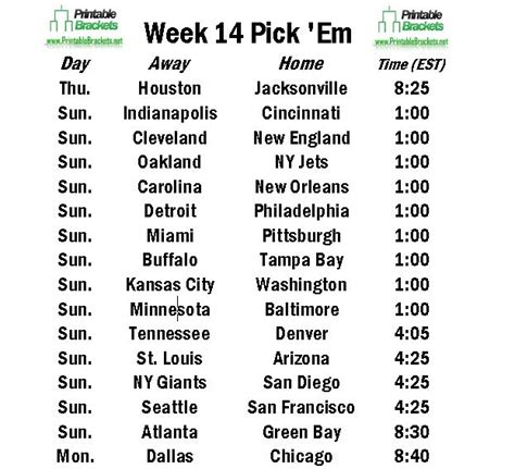 Printable Nfl Schedule Week 14