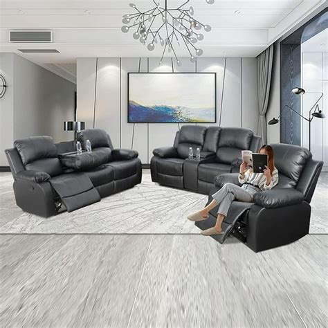 3 Piece Manual Recliner Sofa Couch, Home Theater Seating with Cup ...