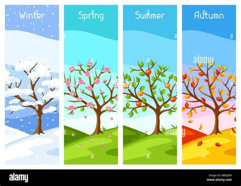 Four Seasons Illustration Of Tree And Landscape In Winter Spring