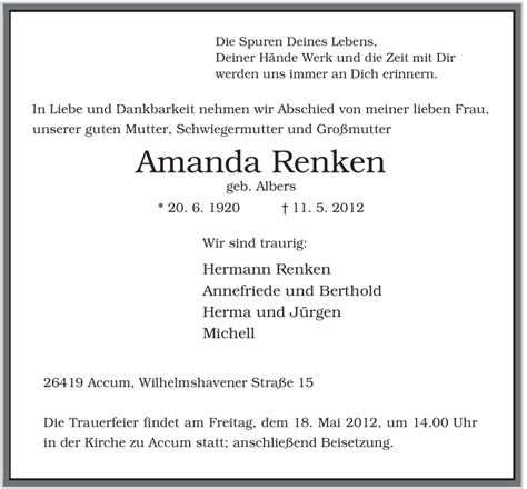 Traueranzeigen Von Amanda Renken Nordwest Trauer De