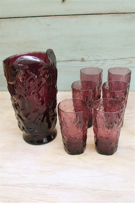 Mod Vintage Pitcher Highball Glasses Set Driftwood Crinkle Texture Plum Purple Glass